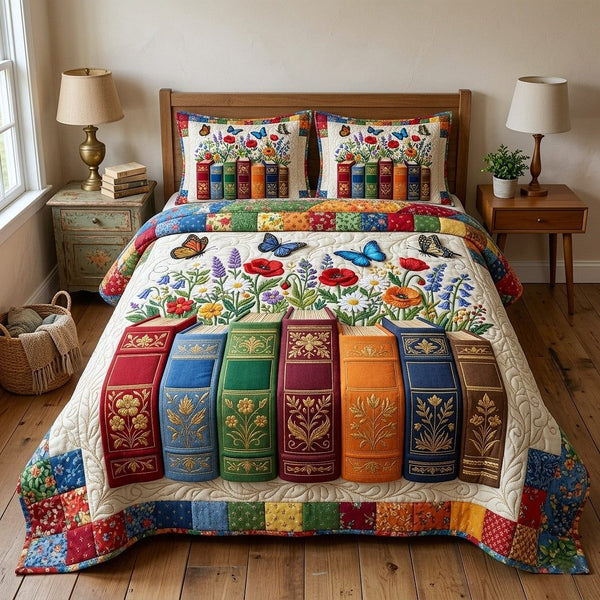 Library Nook quilted 3-piece bedding set on a made bed with two matching pillow shams