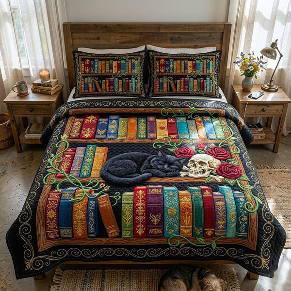 Library Nook quilted 3-piece bedding set on a made bed with two matching pillow shams