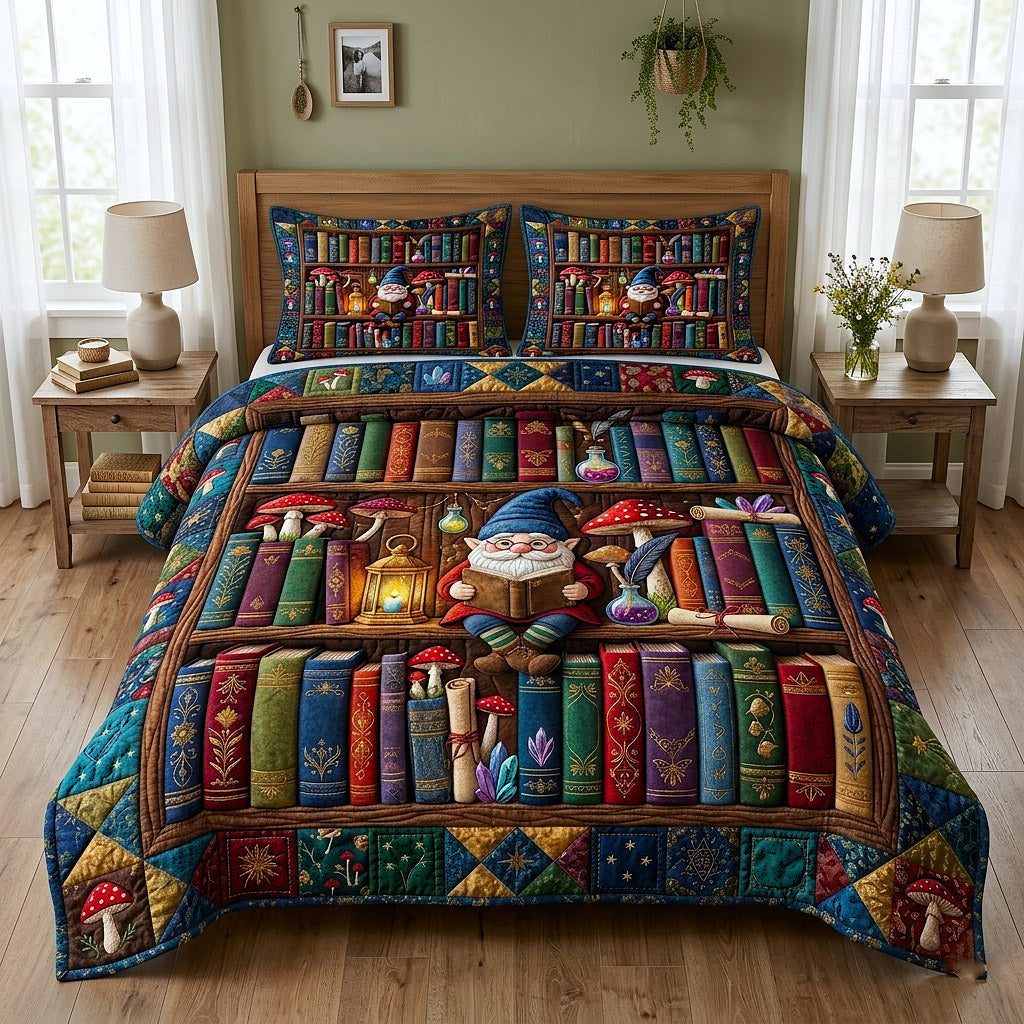 Library Nook quilted 3-piece bedding set on a made bed with two matching pillow shams