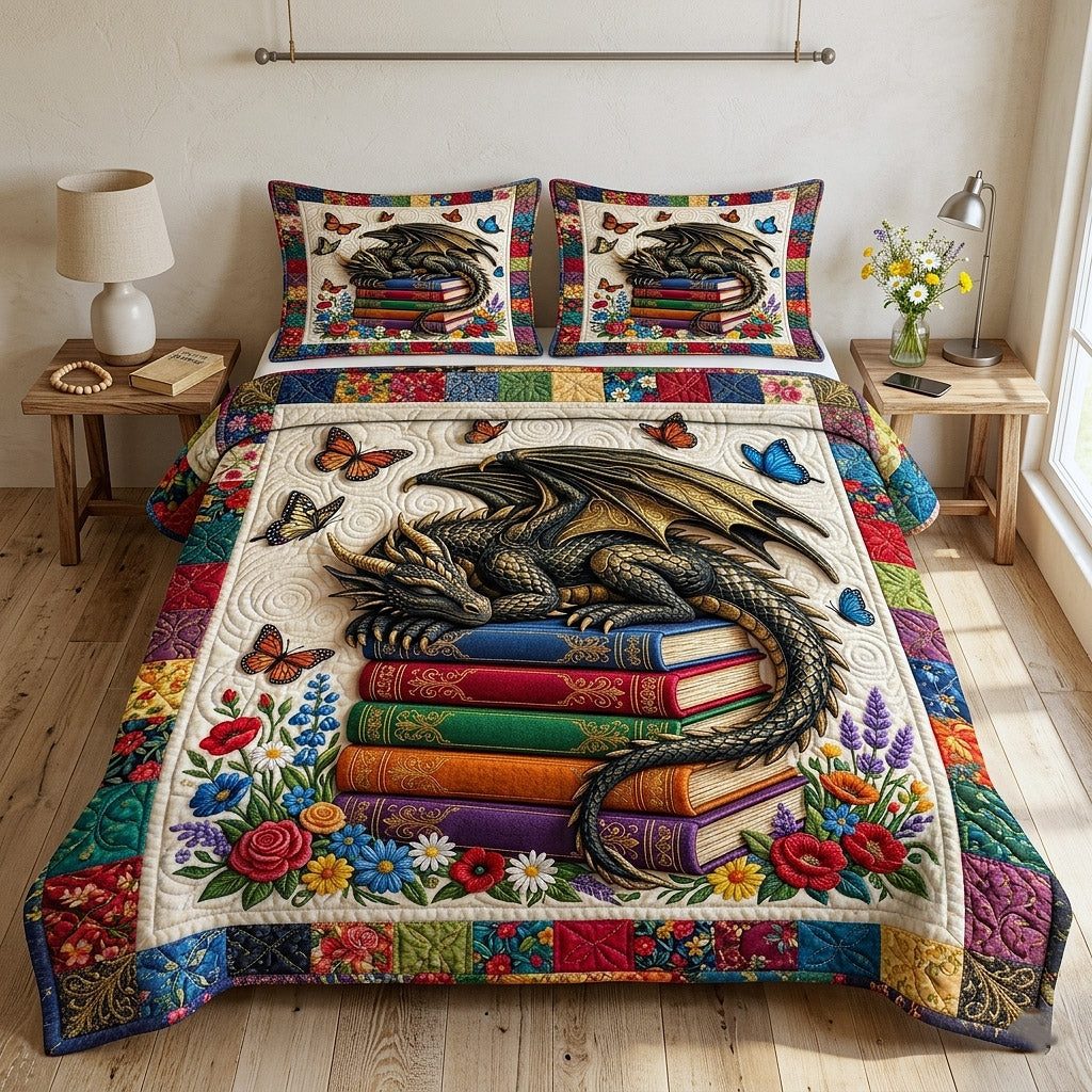 Library Nook quilted 3-piece bedding set on a made bed with two matching pillow shams