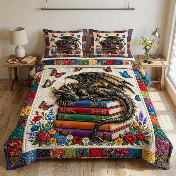 Library Nook quilted 3-piece bedding set on a made bed with two matching pillow shams
