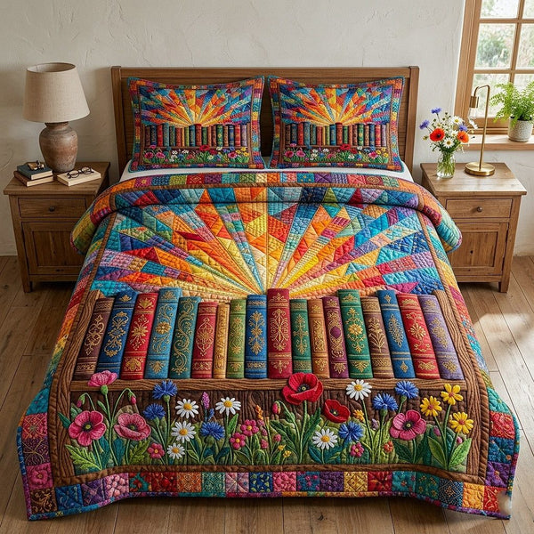 Library Nook quilted 3-piece bedding set on a made bed with two matching pillow shams