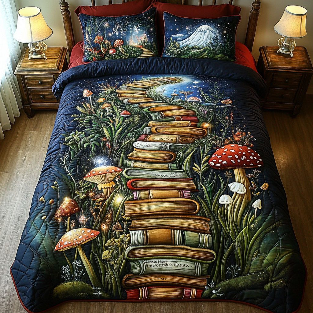 Library of Dreams quilted 3-piece bedding set on a made bed with two matching pillow shams