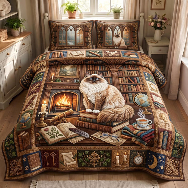 Library Ragdoll quilted 3-piece bedding set on a made bed with two matching pillow shams