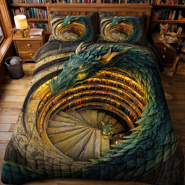 Library Sentinel quilted 3-piece bedding set on a made bed with two matching pillow shams