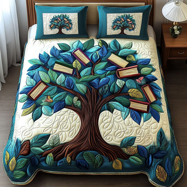 Library Tree quilted 3-piece bedding set on a made bed with two matching pillow shams