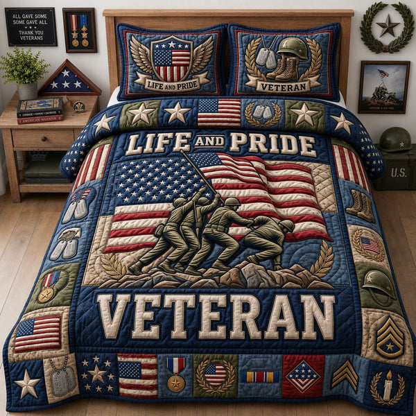 Life And Pride quilted 3-piece bedding set on a made bed with two matching pillow shams