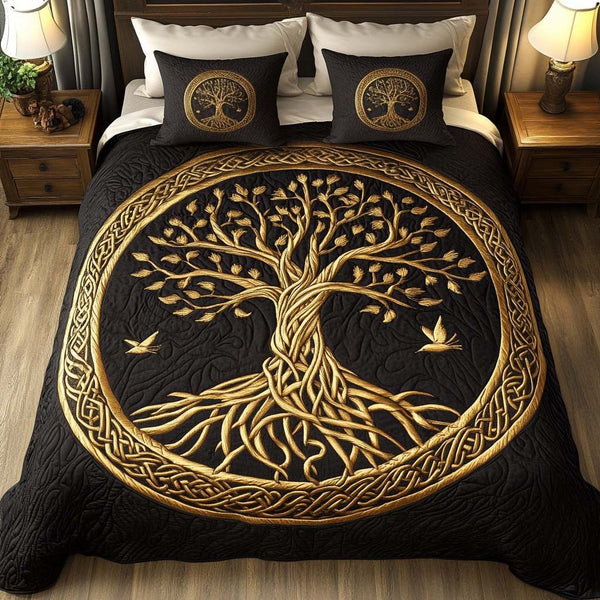 Life Branches quilted 3-piece bedding set on a made bed in a rustic timber bedroom
