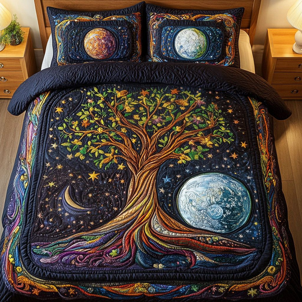 Life Canopy quilted 3-piece bedding set on a made bed with two matching pillow shams
