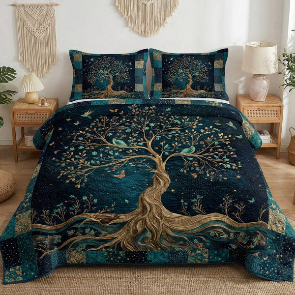 Life in Balance quilted 3-piece bedding set on a made bed with two matching pillow shams