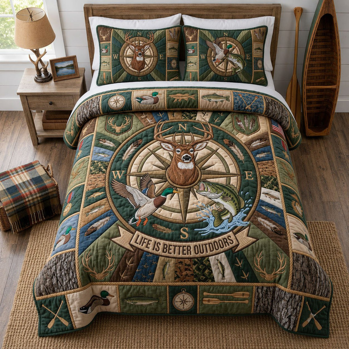 Life Is Better Outdoor quilted 3-piece bedding set on a made bed with two matching pillow shams