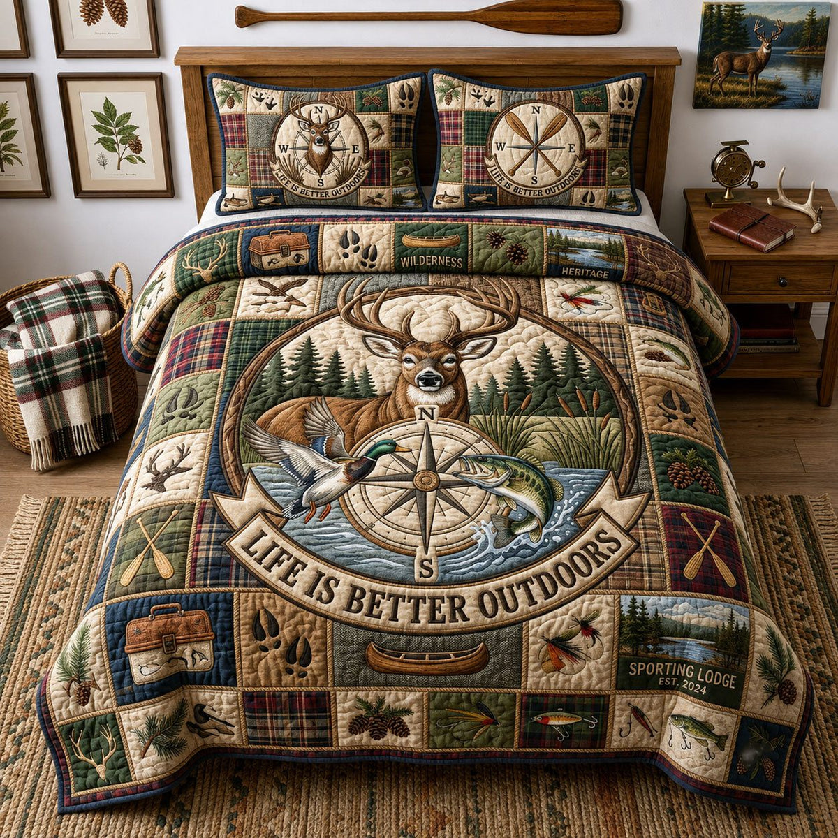 Life Is Better Outdoor quilted 3-piece bedding set on a made bed with two matching pillow shams