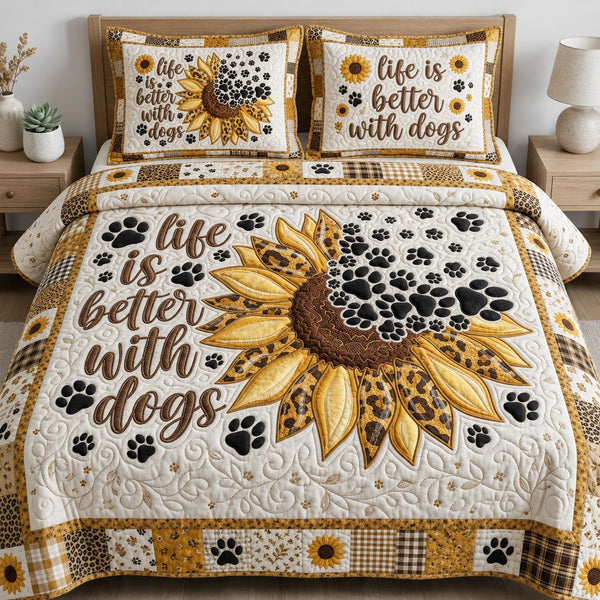 Life Is Better With Dogs quilted 3-piece bedding set on a made bed with two matching pillow shams