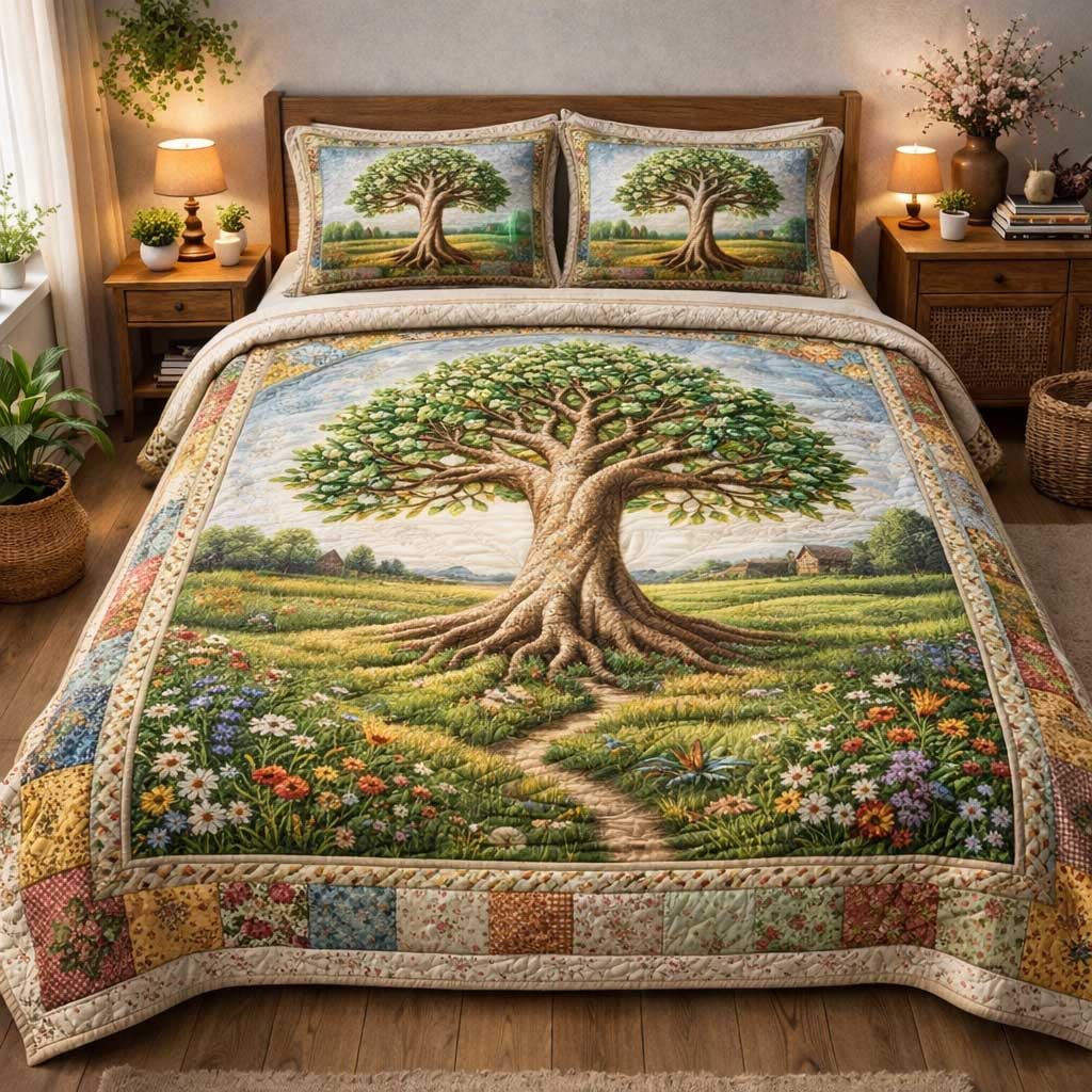 Life Roots quilted 3-piece bedding set on a made bed with two matching pillow shams