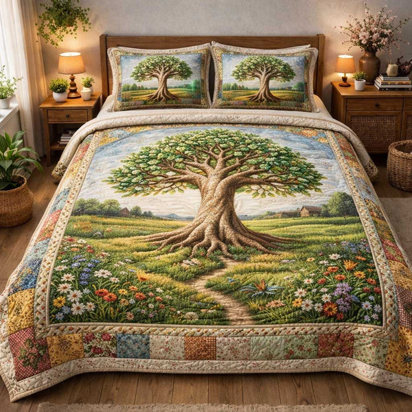 Life Roots quilted 3-piece bedding set on a made bed with two matching pillow shams