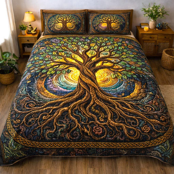 Life Tree quilted 3-piece bedding set on a made bed with two matching pillow shams