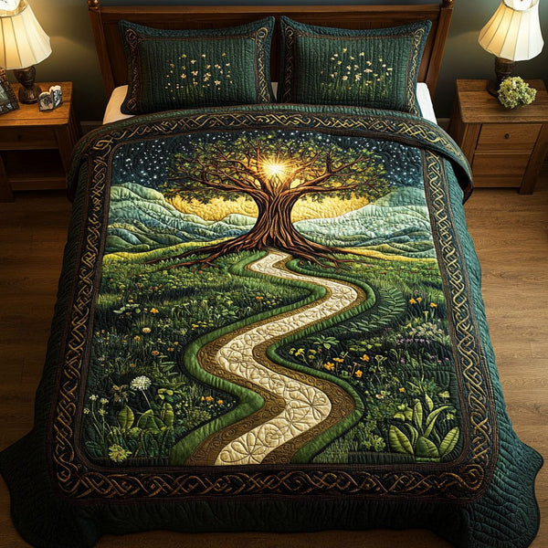 Lifes Embrace quilted 3-piece bedding set on a made bed with two matching pillow shams