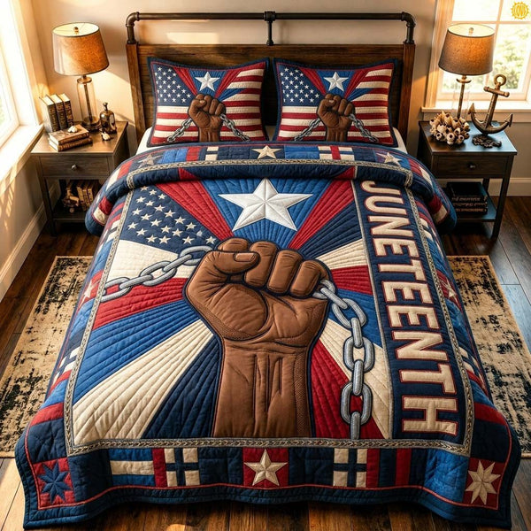 Lifted Freedom Star quilted 3-piece bedding set on a made bed in a warmly lit bedroom