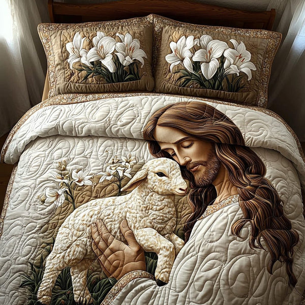 Light of the Fold quilted 3-piece bedding set on a made bed with two matching pillow shams