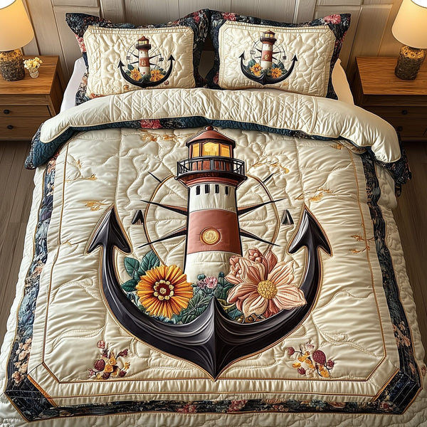 Lighthouse Anchor quilted 3-piece bedding set on a made bed in a light coastal bedroom