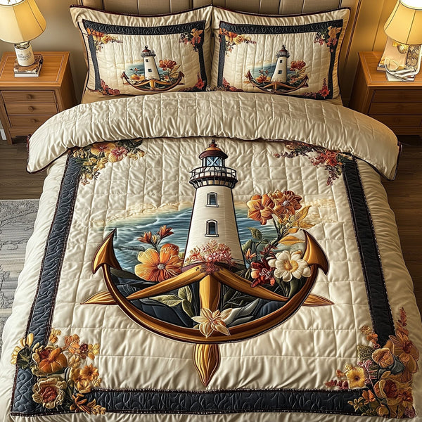 Lighthouse Anchor quilted 3-piece bedding set on a made bed in a light coastal bedroom