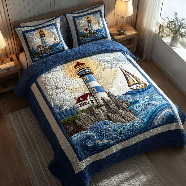 Lighthouse Beacon quilted 3-piece bedding set on a made bed in a light coastal bedroom