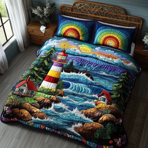 Lighthouse Beacon quilted 3-piece bedding set on a made bed in a light coastal bedroom