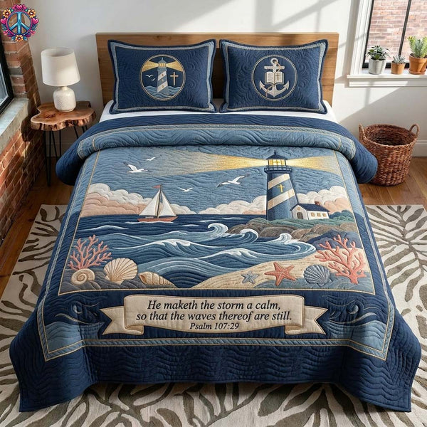 Lighthouse Calm quilted 3-piece bedding set on a made bed in a light coastal bedroom