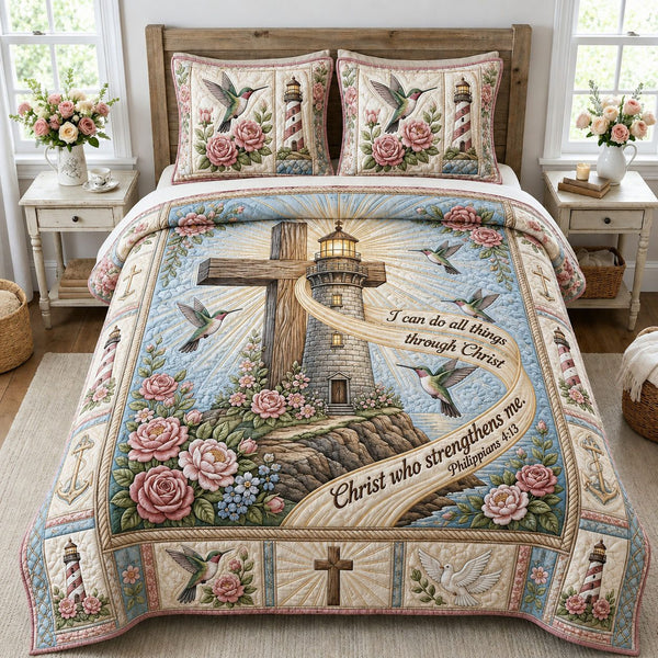Lighthouse Cross quilted 3-piece bedding set on a made bed in a softly lit bedroom