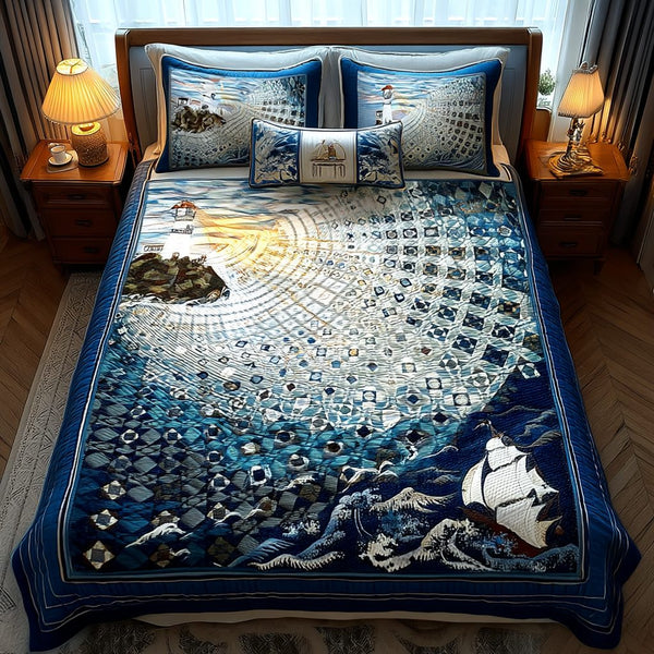 Lighthouse Dawn quilted 3-piece bedding set on a made bed in a light coastal bedroom