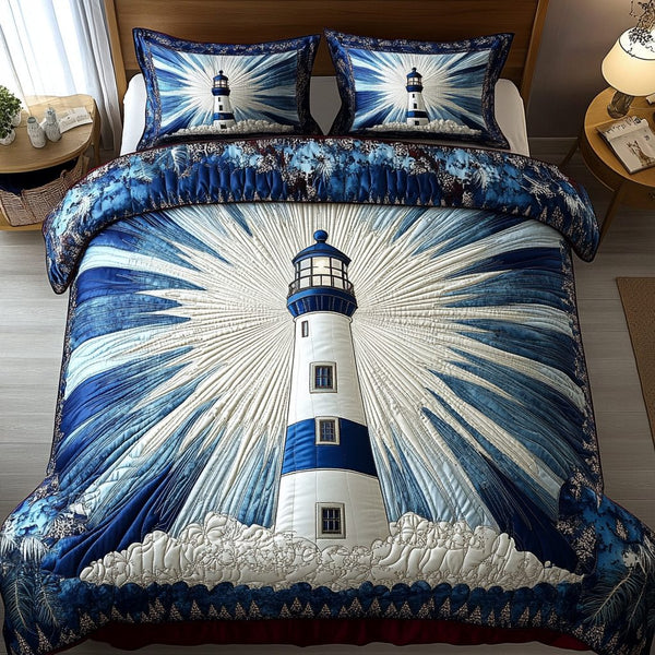 Lighthouse Dream quilted 3-piece bedding set on a made bed in a light coastal bedroom