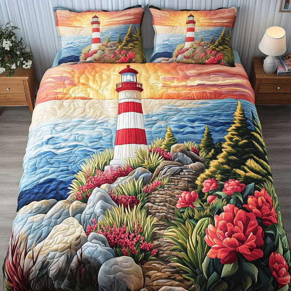 Lighthouse Dream quilted 3-piece bedding set on a made bed in a light coastal bedroom