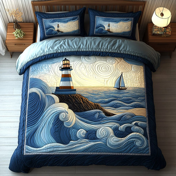 Lighthouse Glow quilted 3-piece bedding set on a made bed in a light coastal bedroom