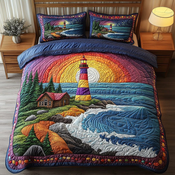 Lighthouse Glow quilted 3-piece bedding set on a made bed in a light coastal bedroom