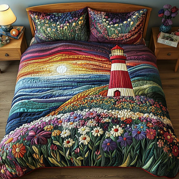 Lighthouse Glow quilted 3-piece bedding set on a made bed in a light coastal bedroom