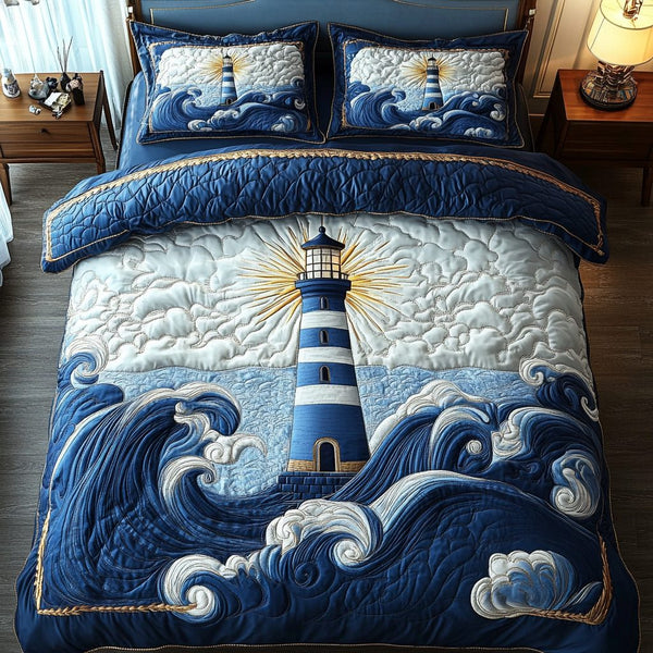 Lighthouse Glow quilted 3-piece bedding set on a made bed in a light coastal bedroom