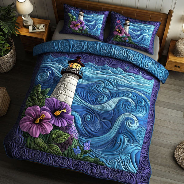 Lighthouse Grace quilted 3-piece bedding set on a made bed in a light coastal bedroom