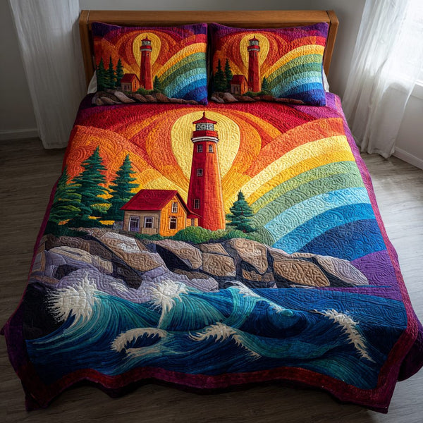 Lighthouse Guide quilted 3-piece bedding set on a made bed in a light coastal bedroom