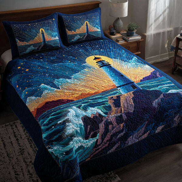 Lighthouse Haven quilted 3-piece bedding set on a made bed in a light coastal bedroom
