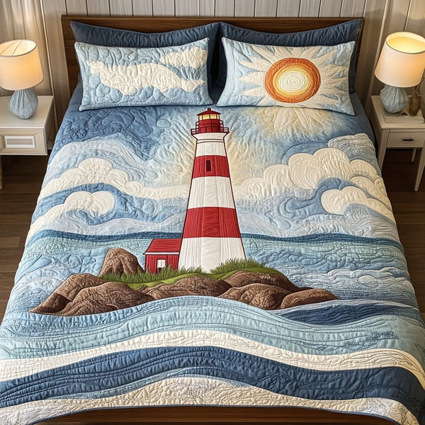 Lighthouse Horizon quilted 3-piece bedding set on a made bed in a light coastal bedroom