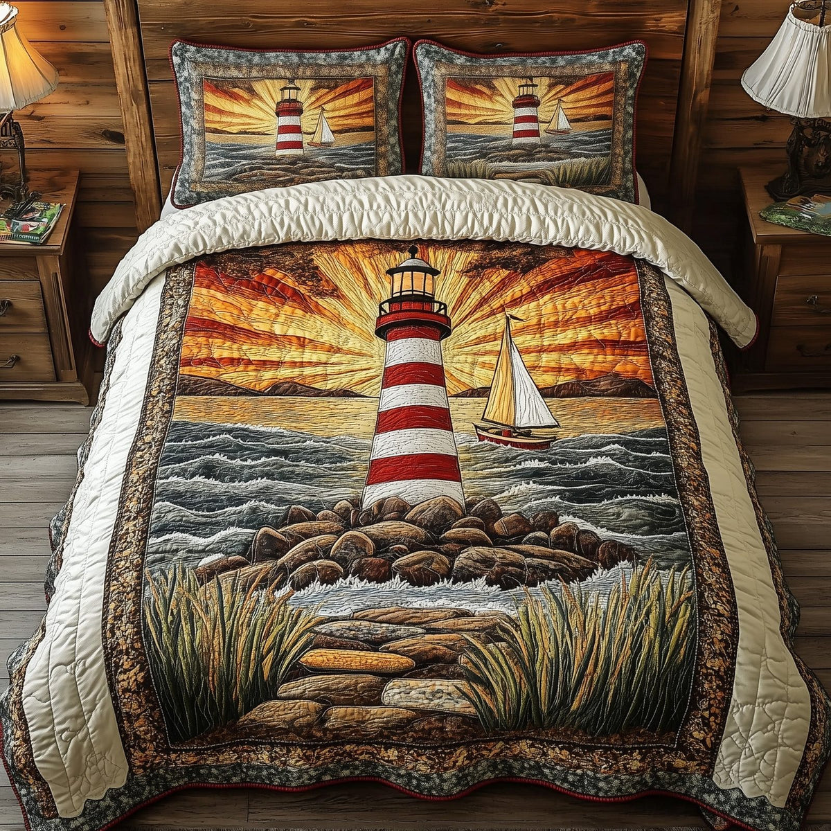 Lighthouse in the Sunburst quilted 3-piece bedding set on a made bed in a light coastal bedroom