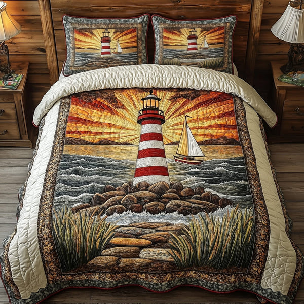 Lighthouse in the Sunburst quilted 3-piece bedding set on a made bed in a light coastal bedroom