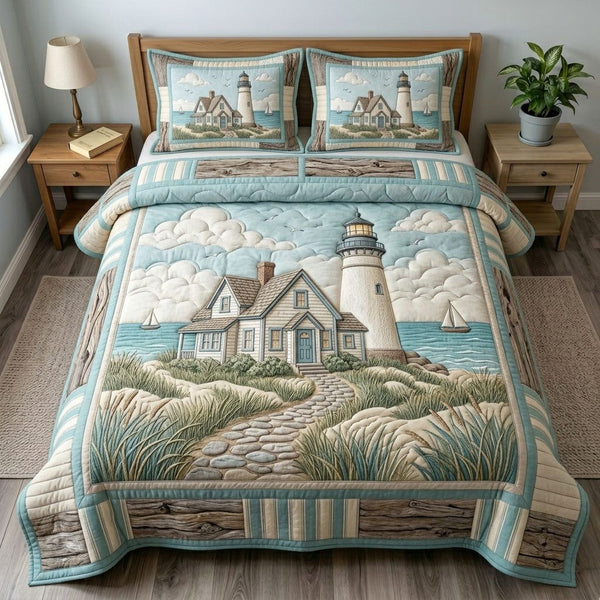 Lighthouse Keeper Cottage quilted 3-piece bedding set on a made bed in a light coastal bedroom
