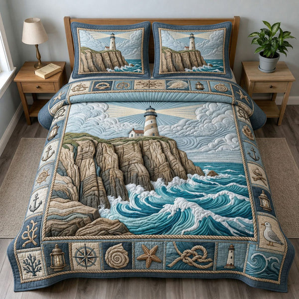 Lighthouse On The Cliffs quilted 3-piece bedding set on a made bed in a light coastal bedroom