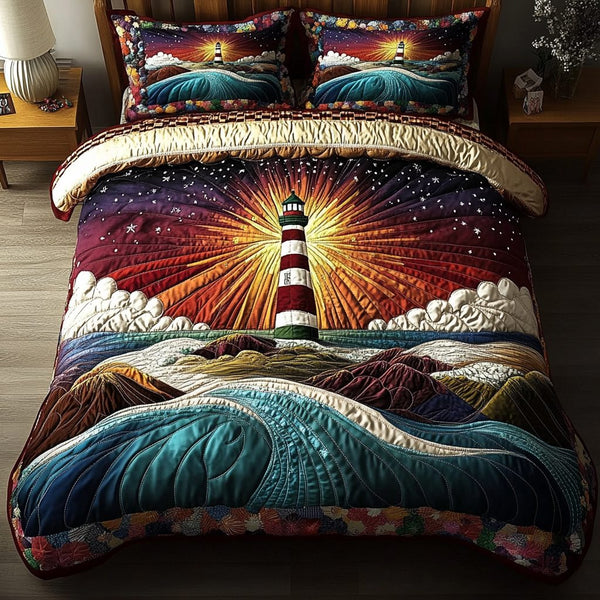 Lighthouse Path quilted 3-piece bedding set on a made bed in a light coastal bedroom