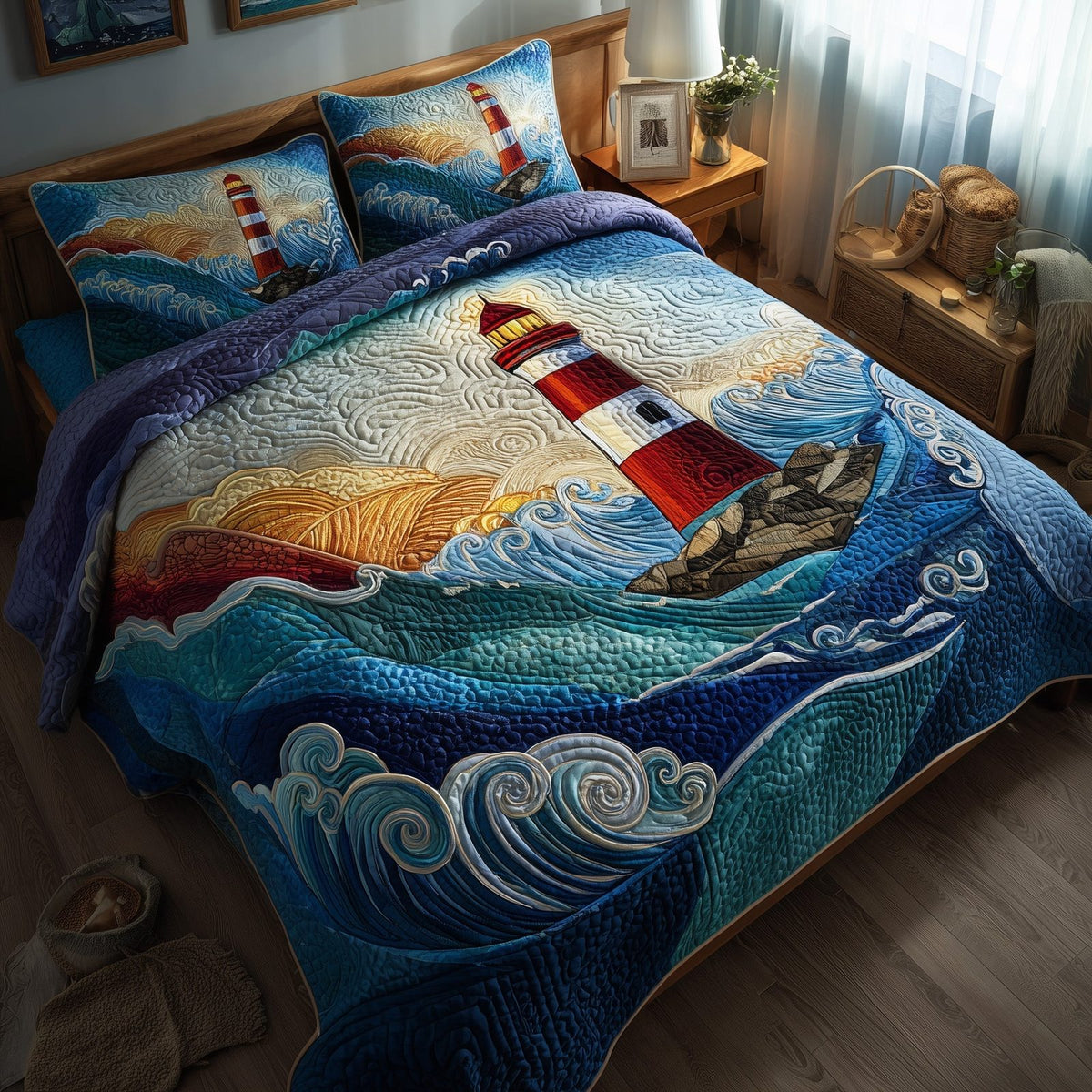 Lighthouse quilted 3-piece bedding set on a made bed in a light coastal bedroom