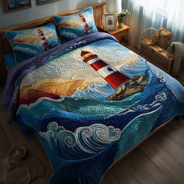 Lighthouse quilted 3-piece bedding set on a made bed in a light coastal bedroom
