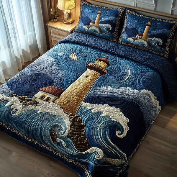 Lighthouse quilted 3-piece bedding set on a made bed in a light coastal bedroom