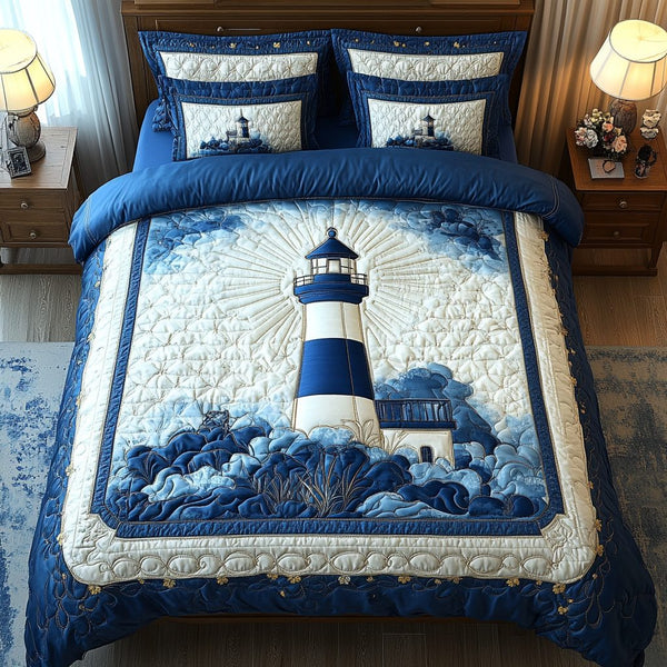 Lighthouse quilted 3-piece bedding set on a made bed in a light coastal bedroom
