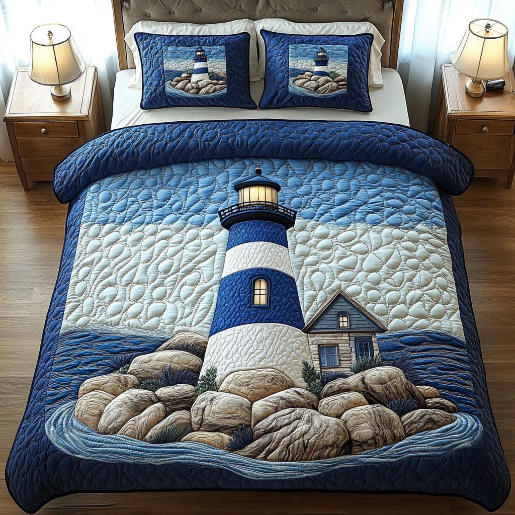 Lighthouse Retreat quilted 3-piece bedding set on a made bed in a light coastal bedroom